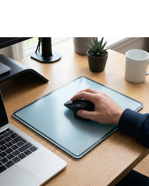 Yfbdr Micro-Etched Tempered Glass Mouse Pad 350 x 280 mm Frost Blue - Lifestyle view