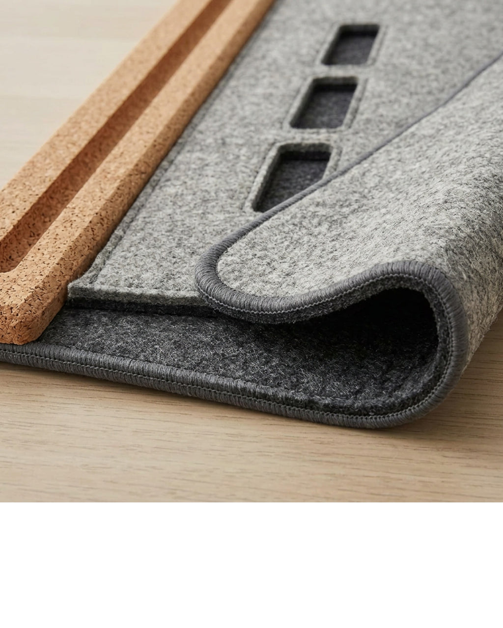 Yfbdr Wool-Blend Felt Desk Mat with Cable Slots and Cork Rail 800 x 360 mm Stone - Detail view