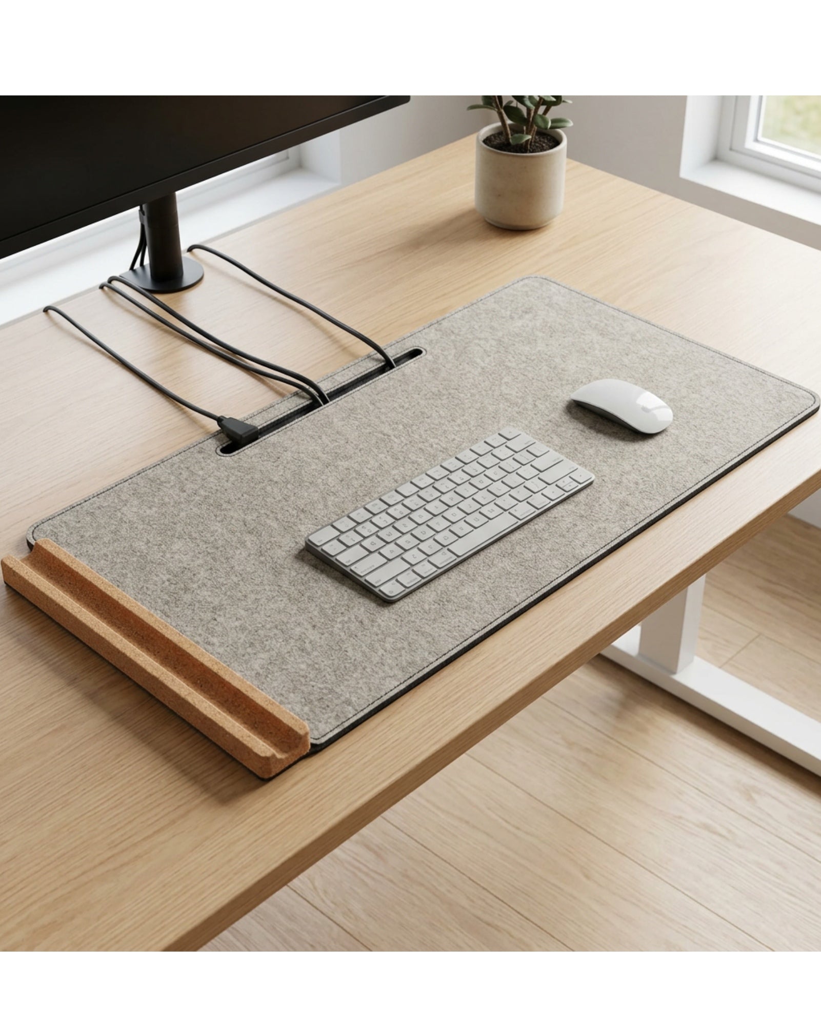 Yfbdr Wool-Blend Felt Desk Mat with Cable Slots and Cork Rail 800 x 360 mm Stone - Lifestyle view